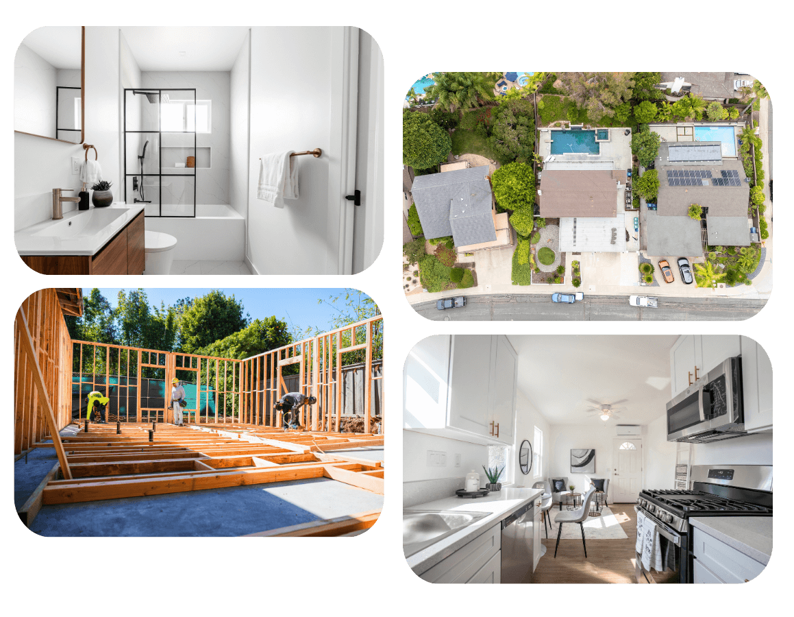 A collection of four images displaying different aspects of ADU projects, including construction, interiors, and aerial views.