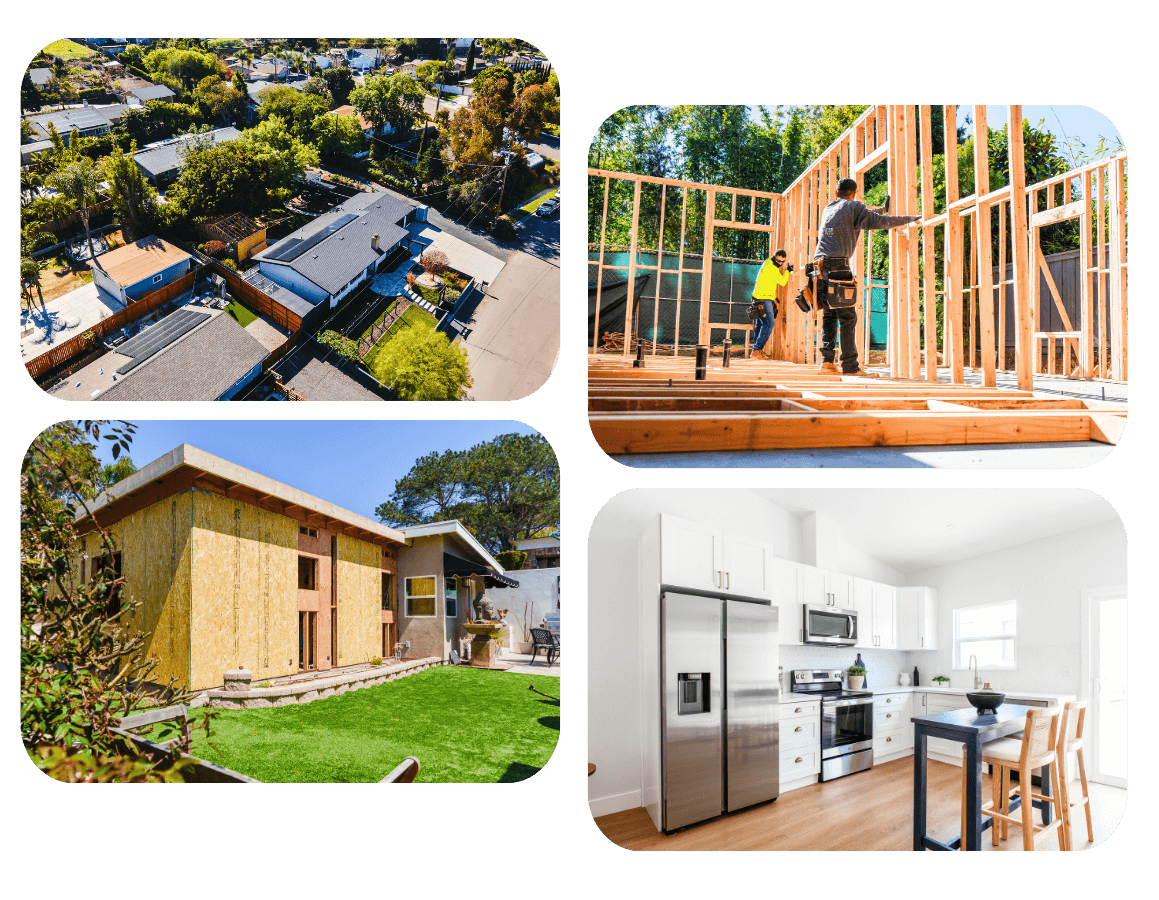 Collage showcasing top San Diego room addition experts at work—highlighting aerial views, construction framing, completed exteriors, and modern interior finishes.