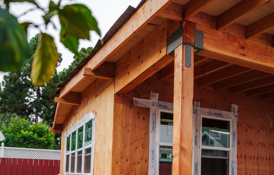 A close-up of an ADU’s wooden framing, emphasizing the craftsmanship and structural integrity of San Marcos ADU projects.