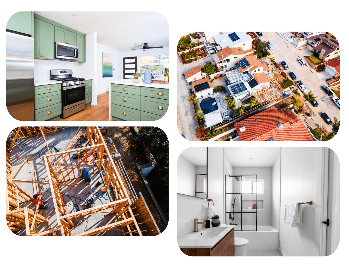 A visual collage showcasing completed ADU projects in San Marcos, including kitchens, bathrooms, and aerial construction views.