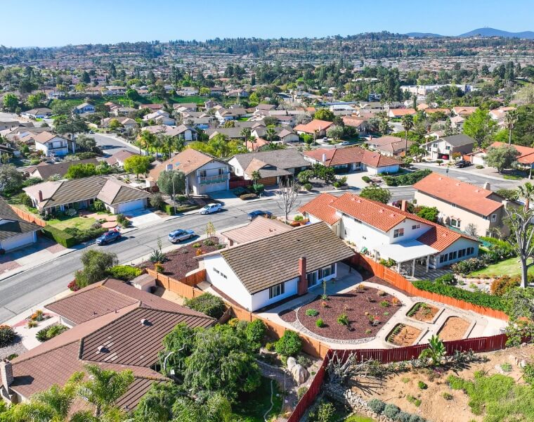 Aerial view of a Spring Valley neighborhood, showcasing spacious homes and potential ADU expansion opportunities.