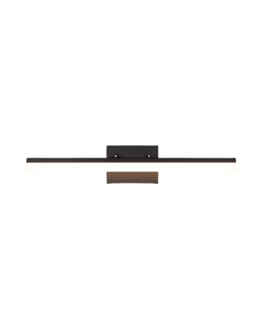Sleek modern vanity light fixture in matte black, featuring a minimalist horizontal LED design, providing clean illumination for contemporary bathrooms.