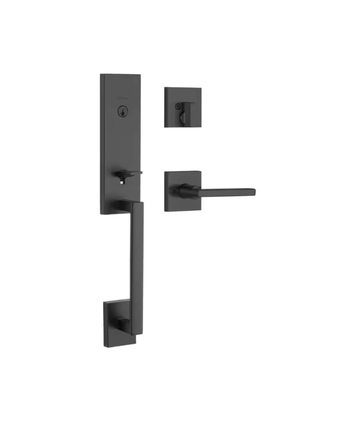 Sophisticated matte black door handleset featuring a sleek design and integrated SmartKey security lock for enhanced safety and modern style.