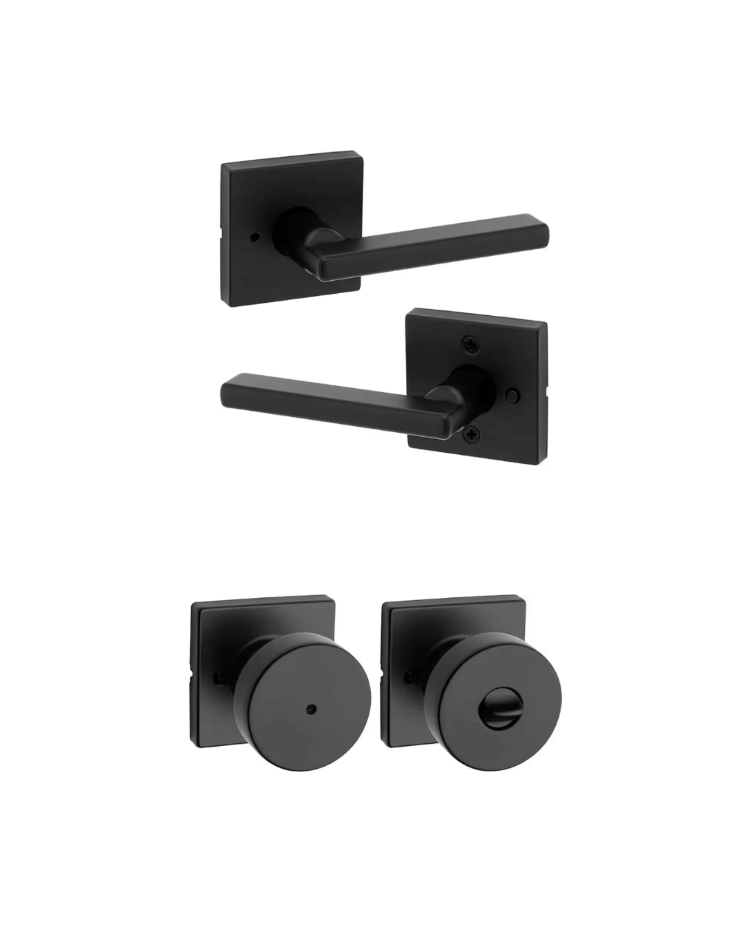 Minimalist matte black interior door hardware featuring both sleek lever handles and modern round privacy knobs, ideal for contemporary interiors.