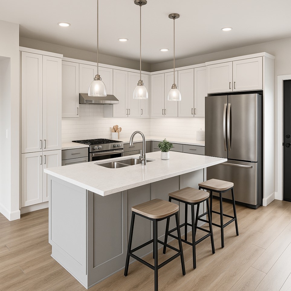 Large modern kitchen with island and pantry – Torrey Pine 3 bedroom ADU plans