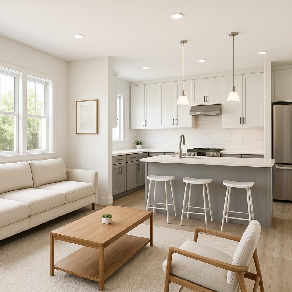 Open-concept living and dining room layout – Torrey Pine 3 bedroom ADU plans