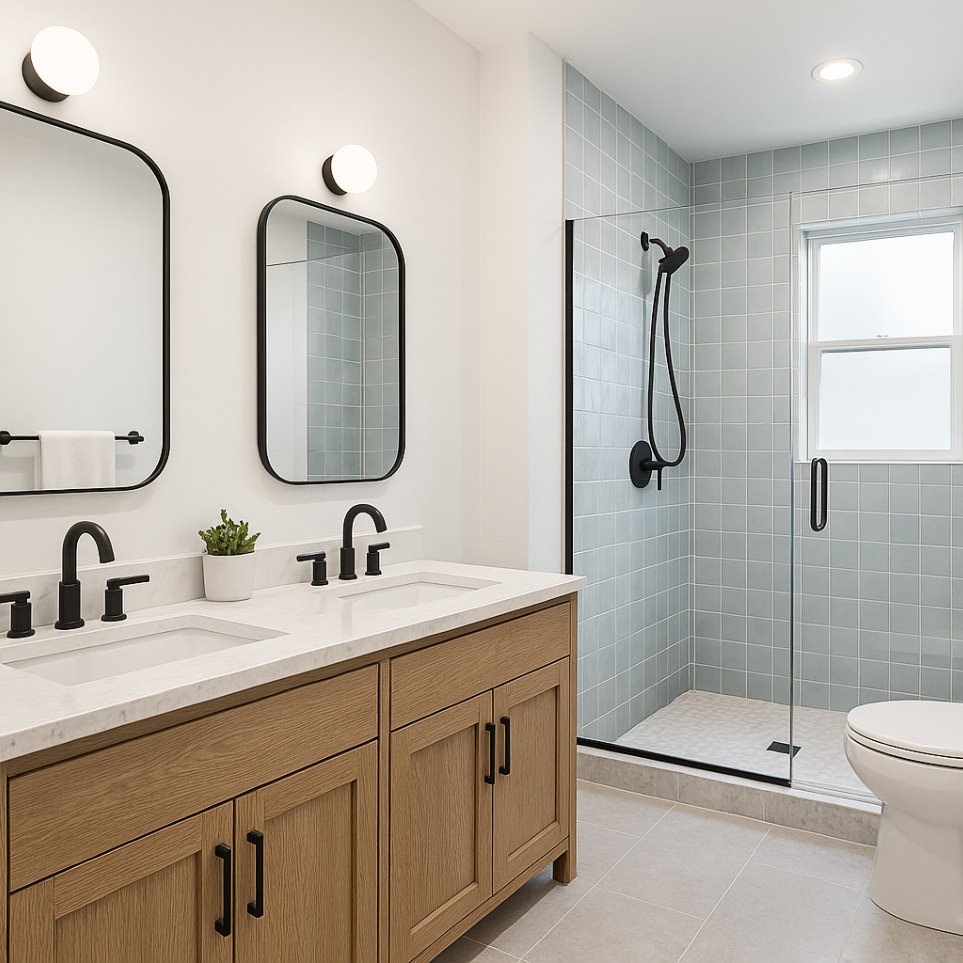 Modern bathroom with dual vanity and walk-in shower – Torrey Pine 3 bedroom ADU plans