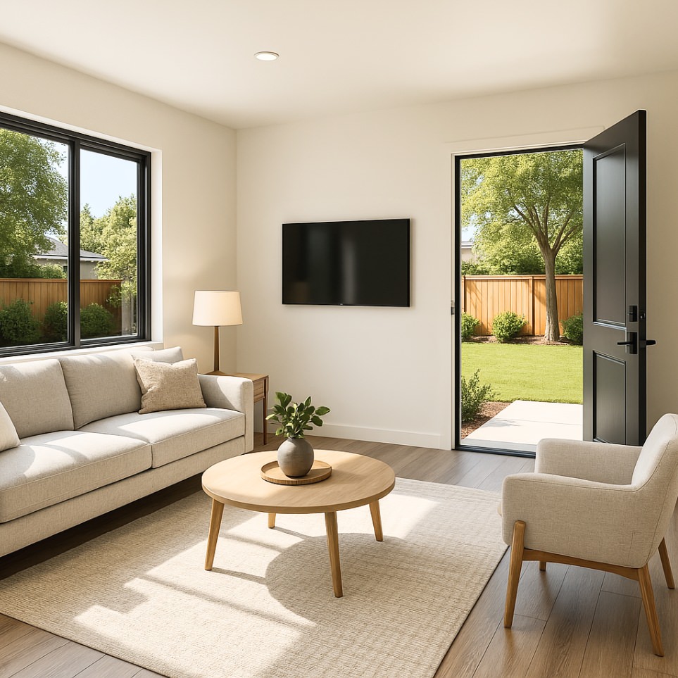Living area design with easy outdoor access from the 1192 sq ft 4 bedroom ADU plans.