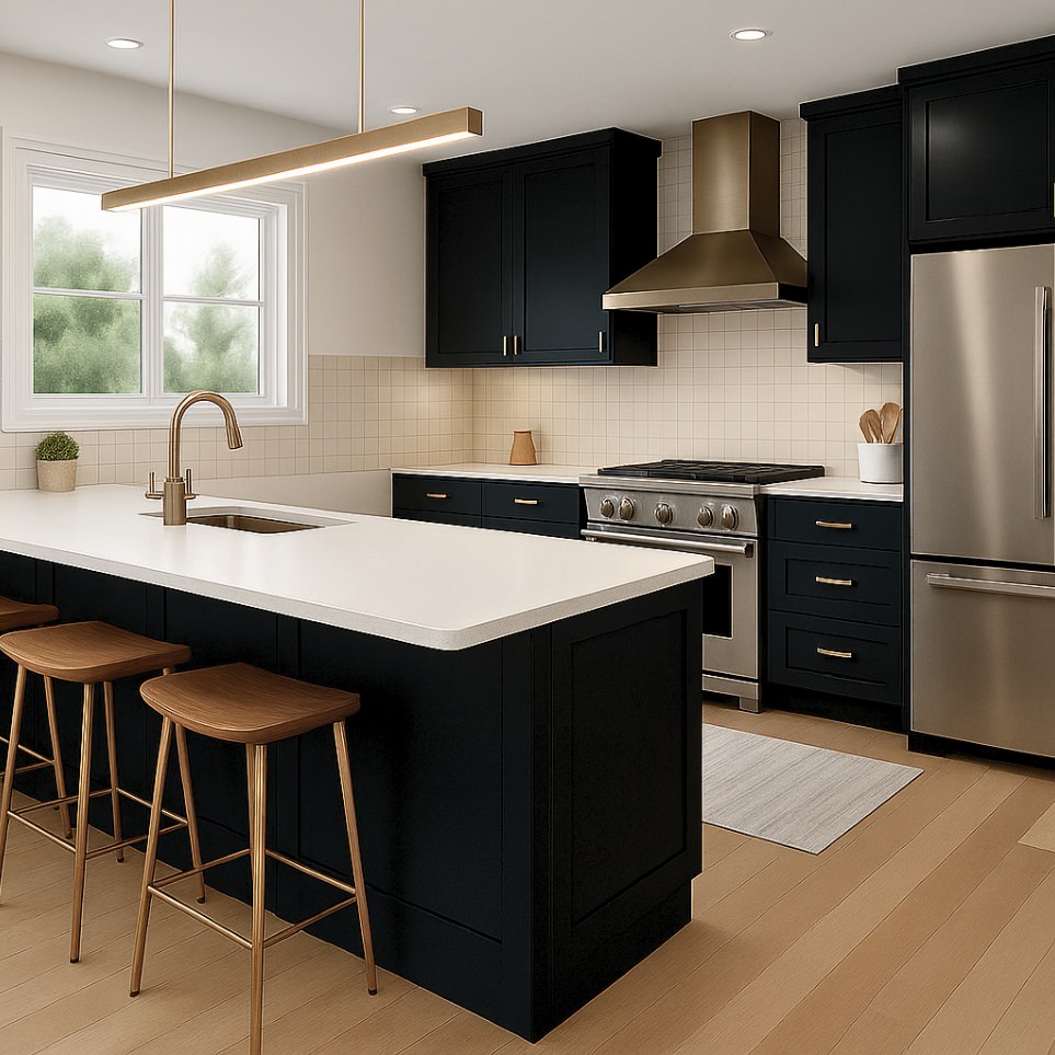 Modern, efficient kitchen layout featured in 1192 sq ft 4 bedroom ADU plans with island seating.