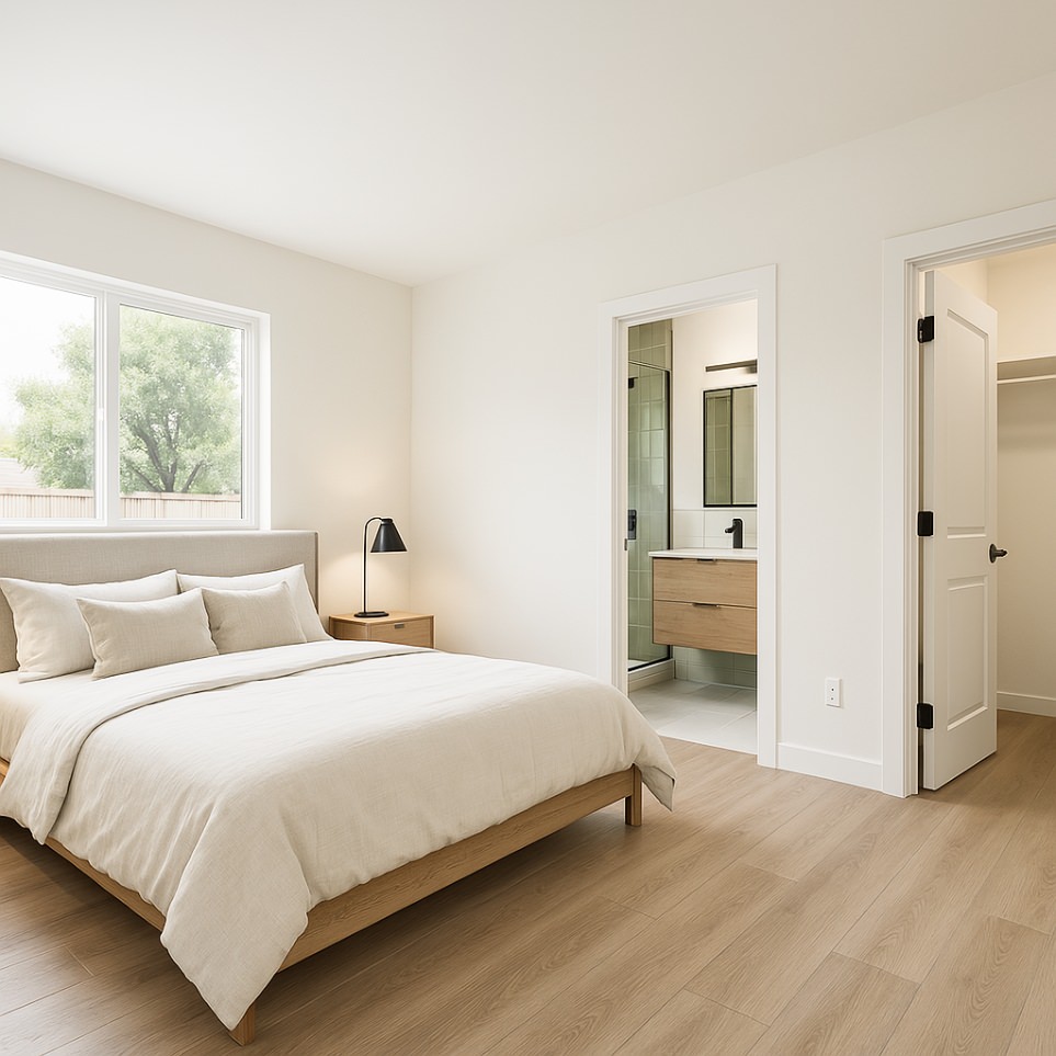 Spacious private bedroom with ensuite bathroom from the 1192 sq ft 4 bedroom ADU plans.