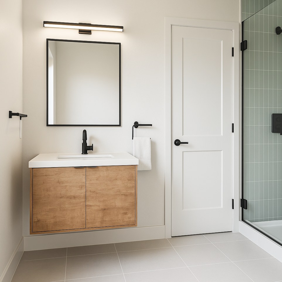 Stylish bathroom showcasing one of the two centrally located bathrooms in the 1192 sq ft 4 bedroom ADU plans.