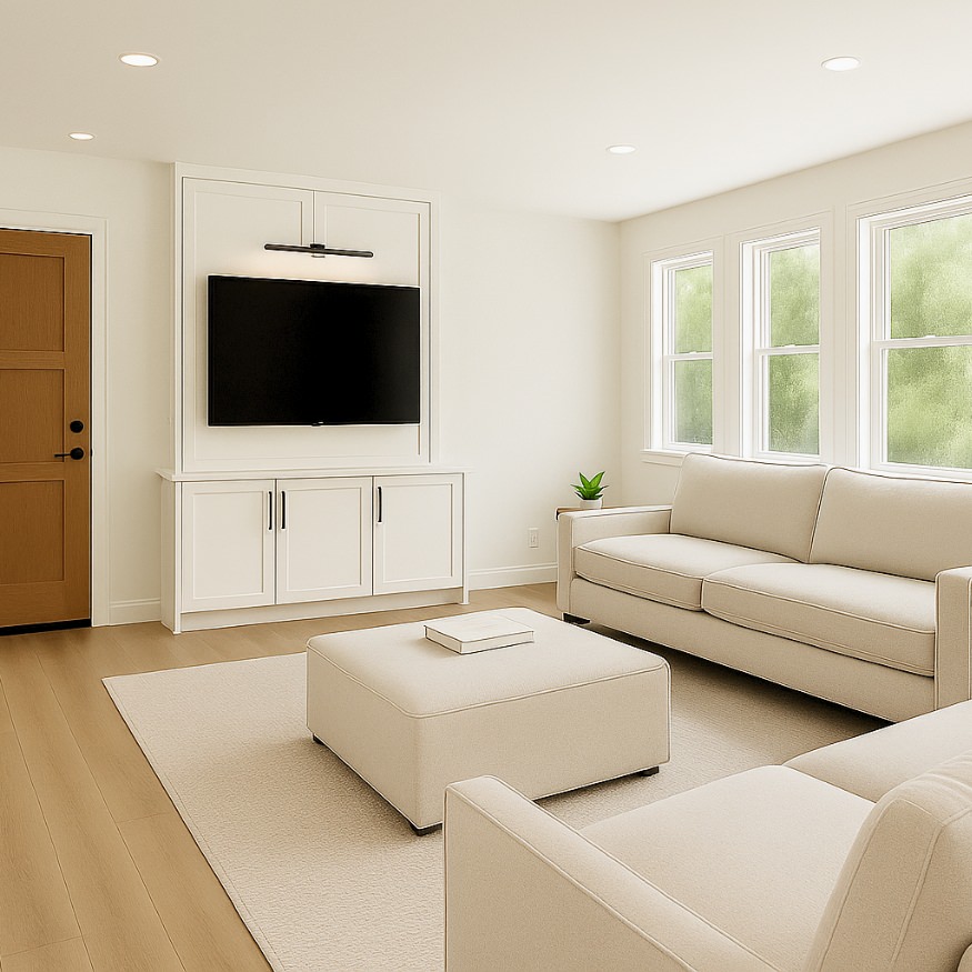 Light-filled open-concept living room of the 1200 sq ft ADU plans, ideal for modern lifestyles within this 3-bedroom, 2-bath ADU design.