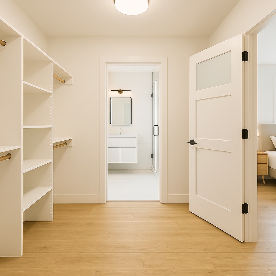 Walk-in closet and smart storage solutions integrated into the 1200 sq ft ADU plans, enhancing organization in the 3-bedroom, 2-bath layout.