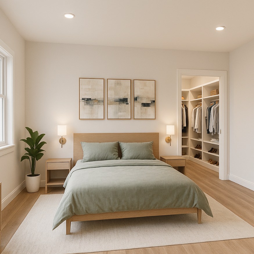 Inviting primary bedroom with spacious walk-in closet featured in the 1200 sq ft ADU plans, providing comfort and practicality in a 3-bedroom, 2-bath design.