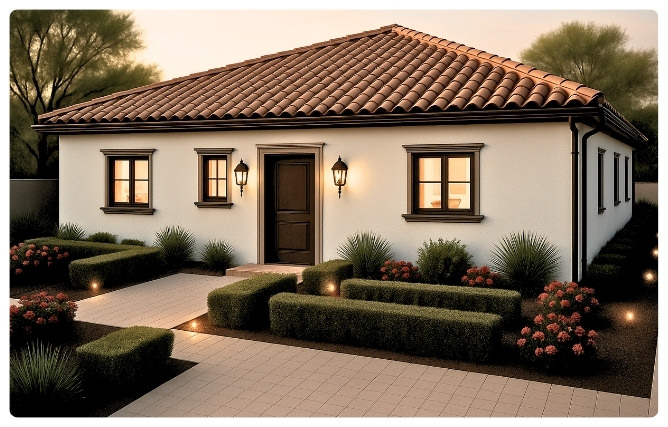 3D rendering of Cypress 1192 sq ft, 4 bedroom ADU plans with landscaped exterior view.