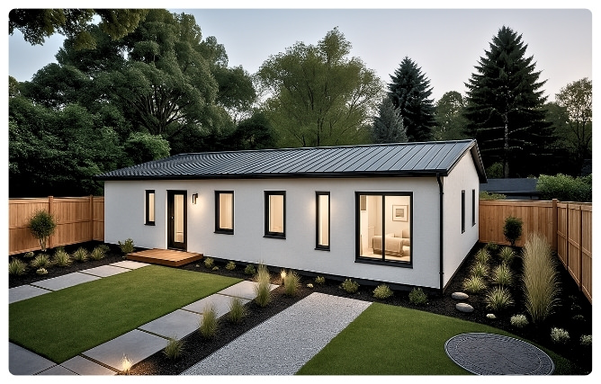 3D visualization of Mahogany 1200 sq ft ADU plans highlighting exterior elegance and modern architecture for a 3-bedroom, 2-bath layout.