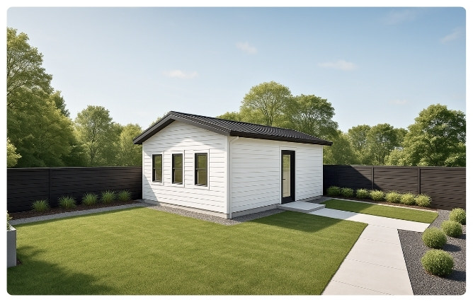 3D aerial view of Oak 650 sq ft ADU plans showcasing exterior design and landscaping.