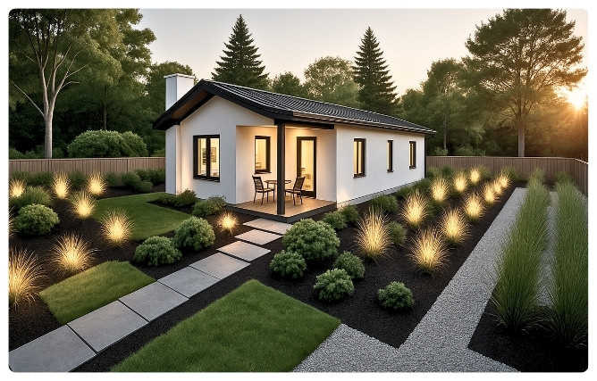 3D exterior rendering of Sequoia's 1020 sq ft, 3 Bedroom, 2 Bathroom ADU Plans highlighting the patio entrance and landscape design.