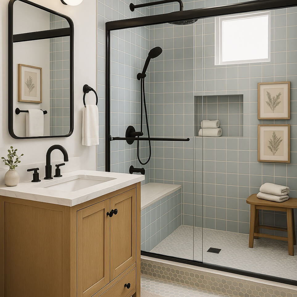 Centralized bathroom convenience in 650 sq ft ADU plans showcasing modern amenities and thoughtful storage.