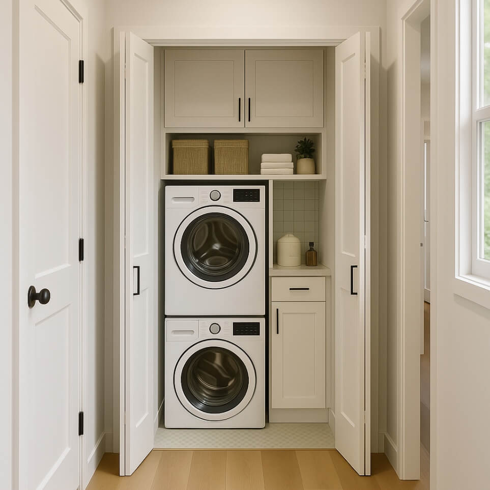 Convenient in-unit laundry closet design from 650 sq ft ADU plans enhancing daily living.