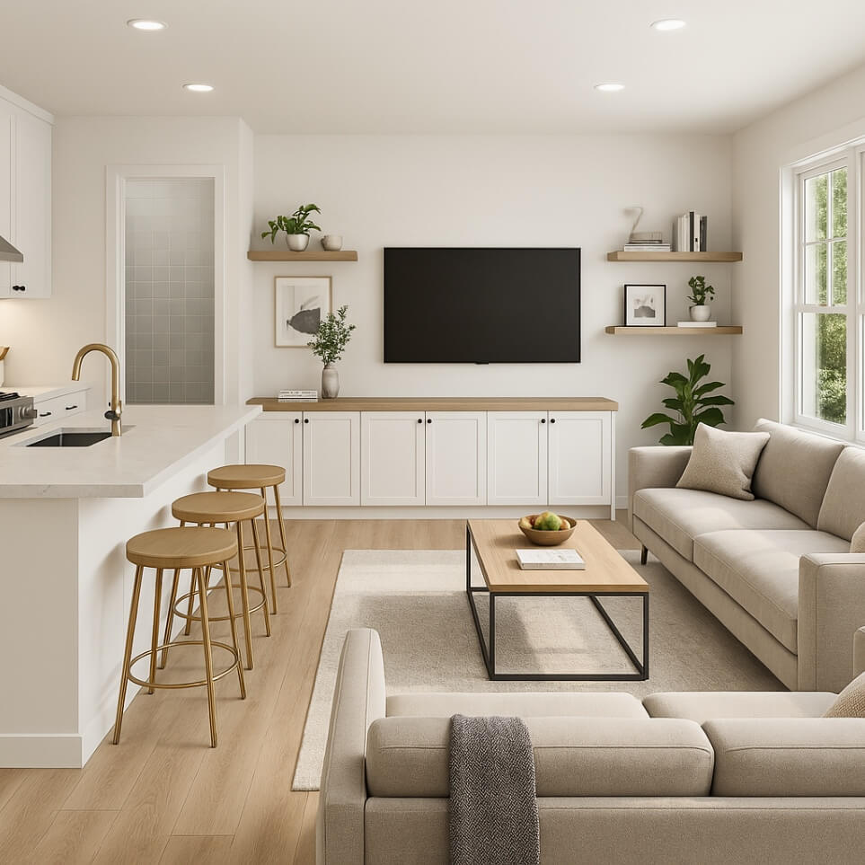 Open living and kitchen area from 650 sq ft ADU plans emphasizing comfort and spaciousness.