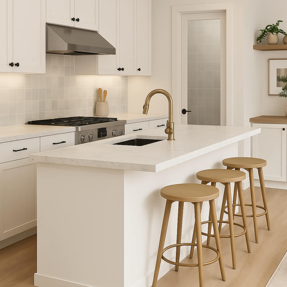 Social hub kitchen island design in 650 sq ft ADU plans perfect for entertaining guests.