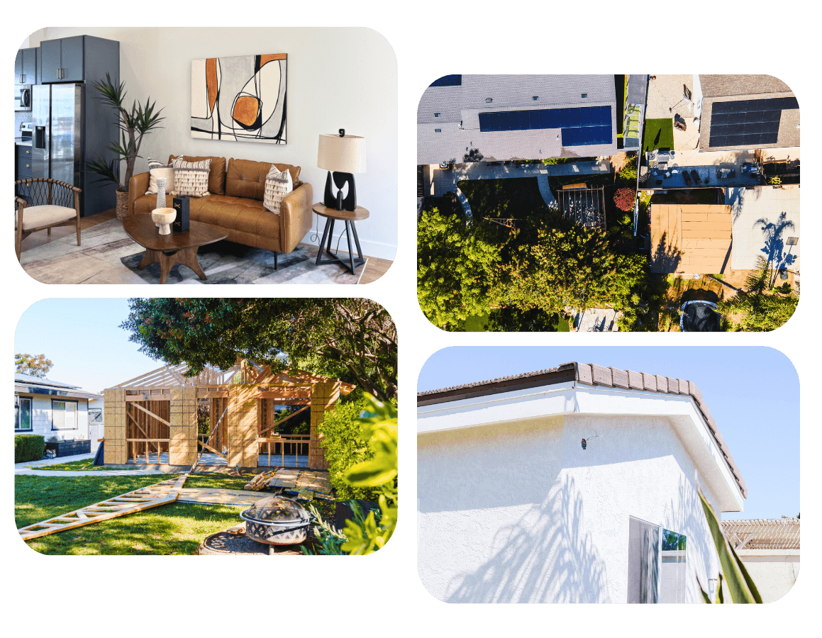 Compilation of interior and exterior views illustrating Cypress 1192 sq ft 4 bedroom ADU plans.