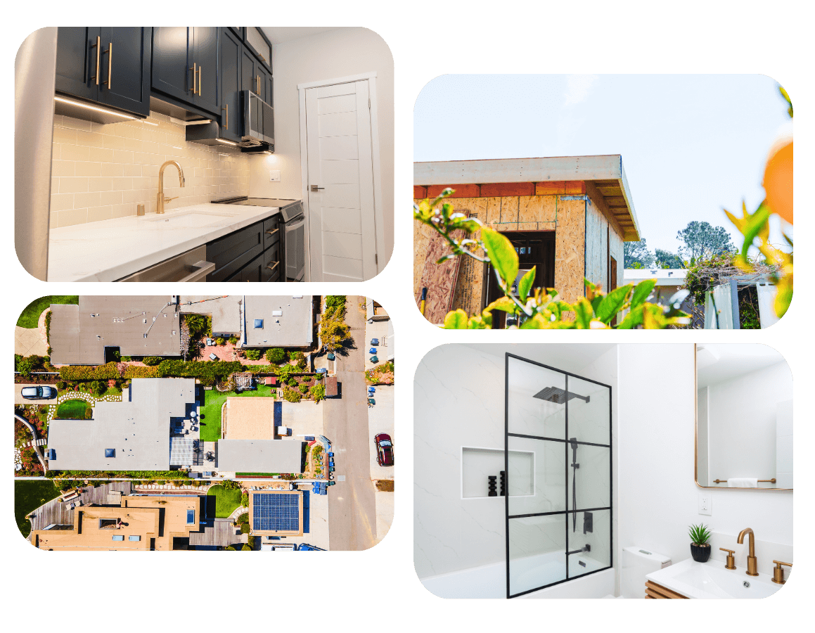 Composite image showcasing various stages of building and interior finishes for Mahogany 1200 sq ft ADU plans, highlighting quality design and construction for a 3-bedroom layout.