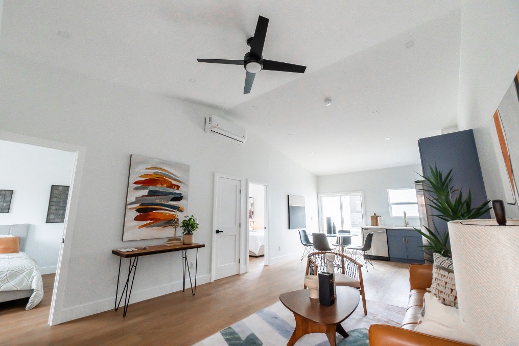 Spacious, open-concept ADU interior showcasing kitchen, living area, and bedrooms in Pacific Beach.
