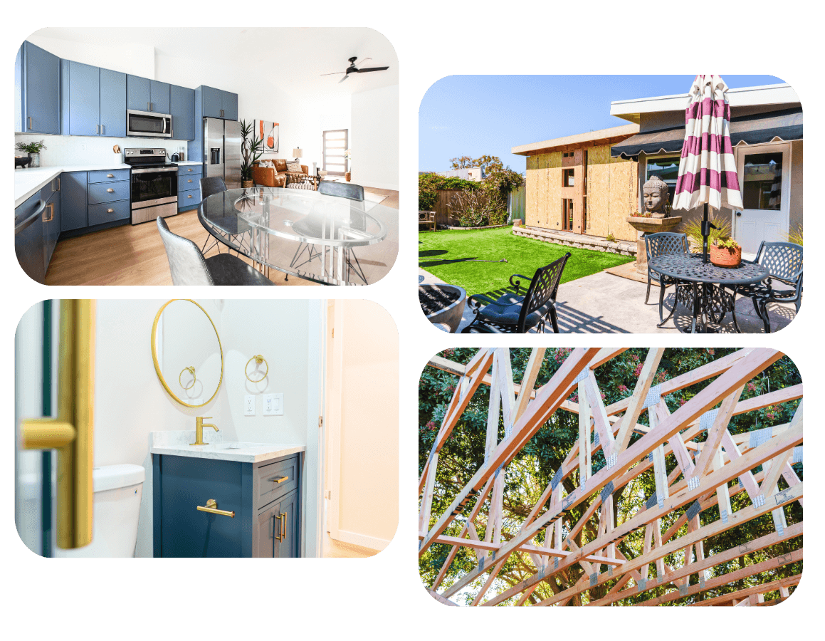 Collage featuring various stages and spaces of the Torrey Pine 3 bedroom ADU plans including interior, exterior, and construction process