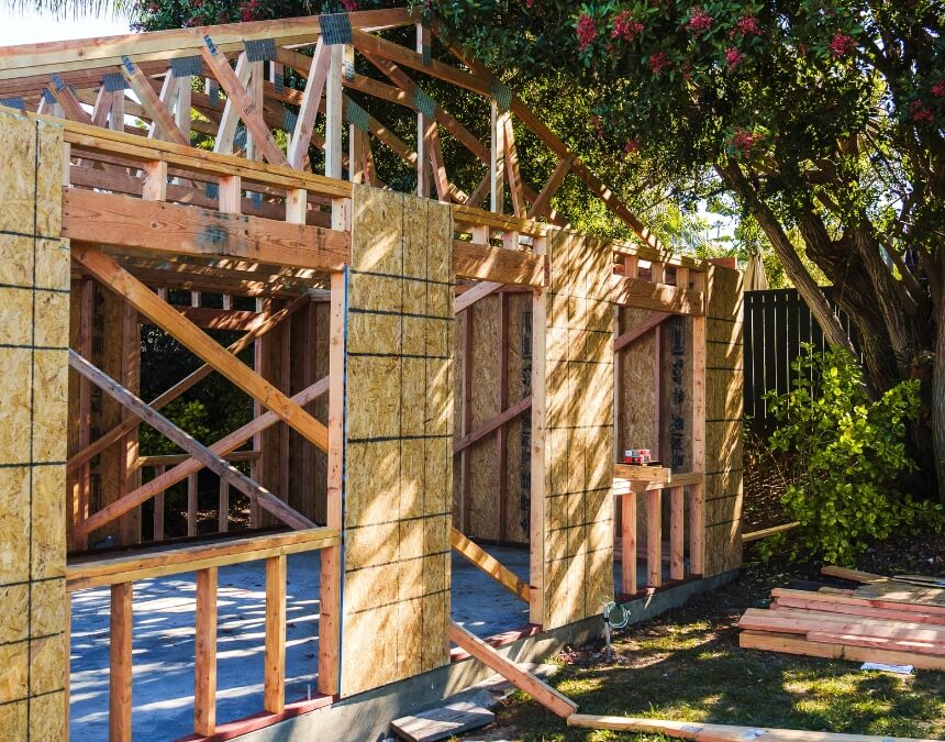Framing of an ADU under construction in a backyard – Resources for Homeowners.