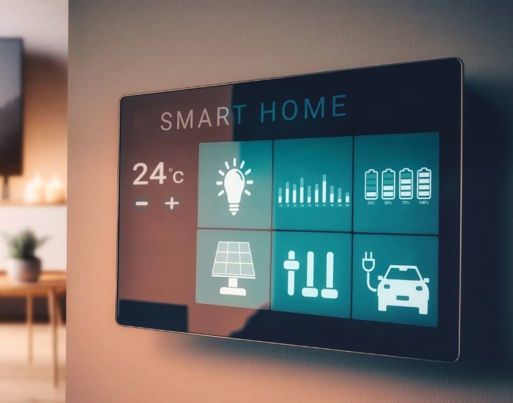 Home automation control panel displaying various interconnected smart home functionalities.