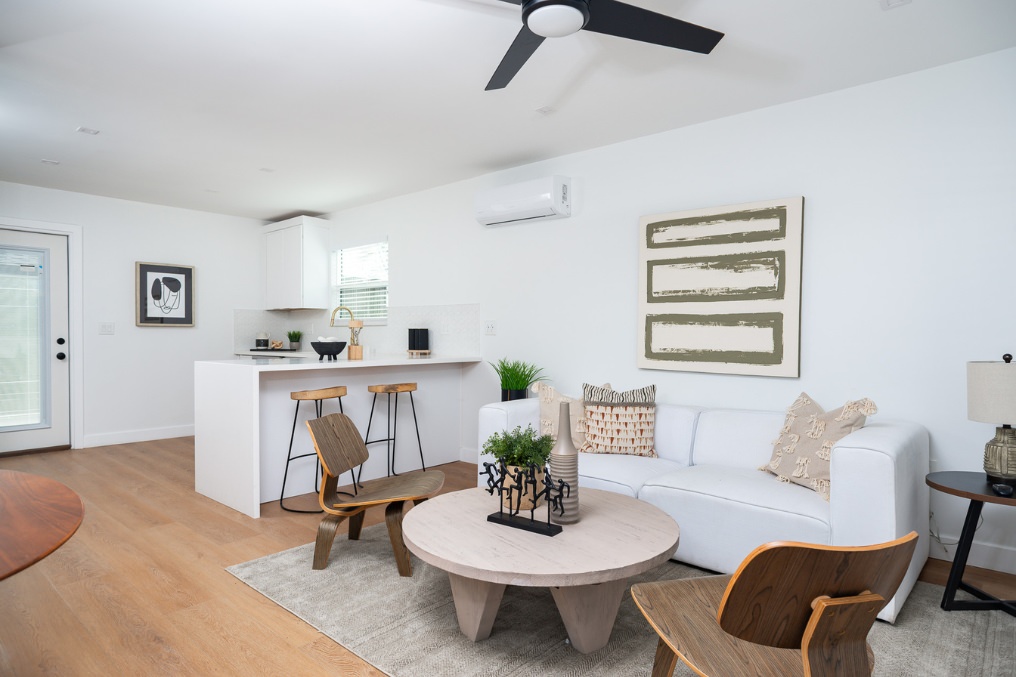 Stylish open-concept living room and kitchen with Scandinavian décor in Clairemont ADU