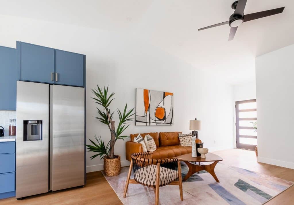 Textured area rug creating a cozy and defined space in an open-concept ADU living room