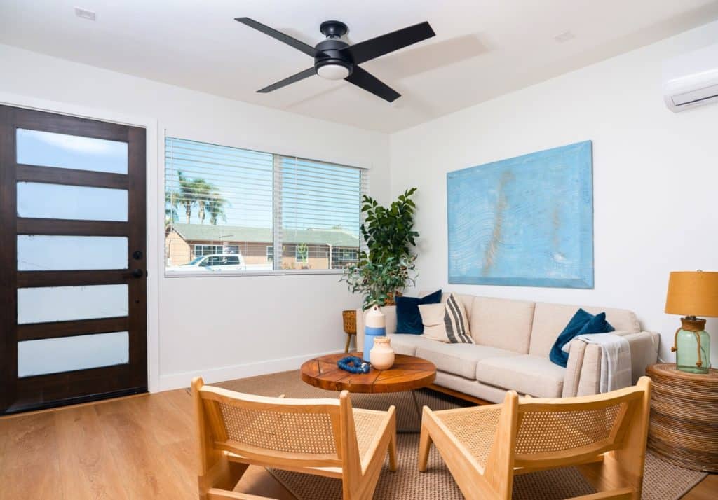 Neutral area rug adding warmth and defining the living area in an ADU