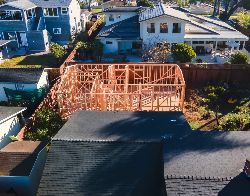 Typical ADU Construction Costs – framing stage of detached California ADU construction project
