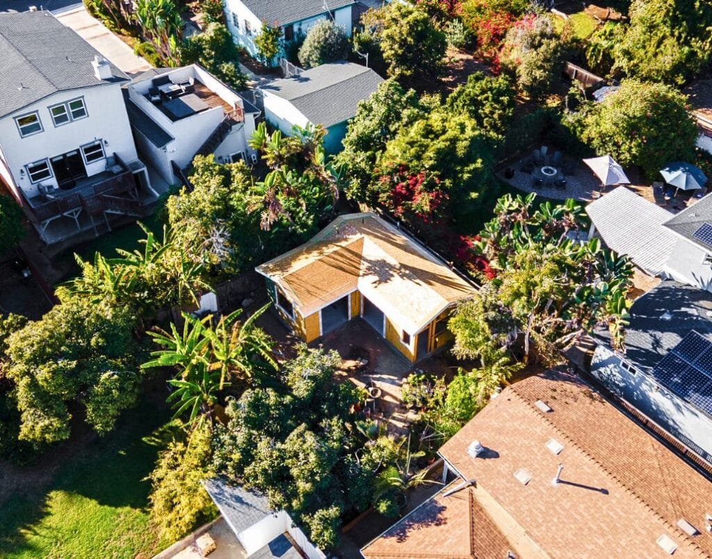 Aerial view of a property with multiple Accessory Dwelling Units integrated into the landscape.