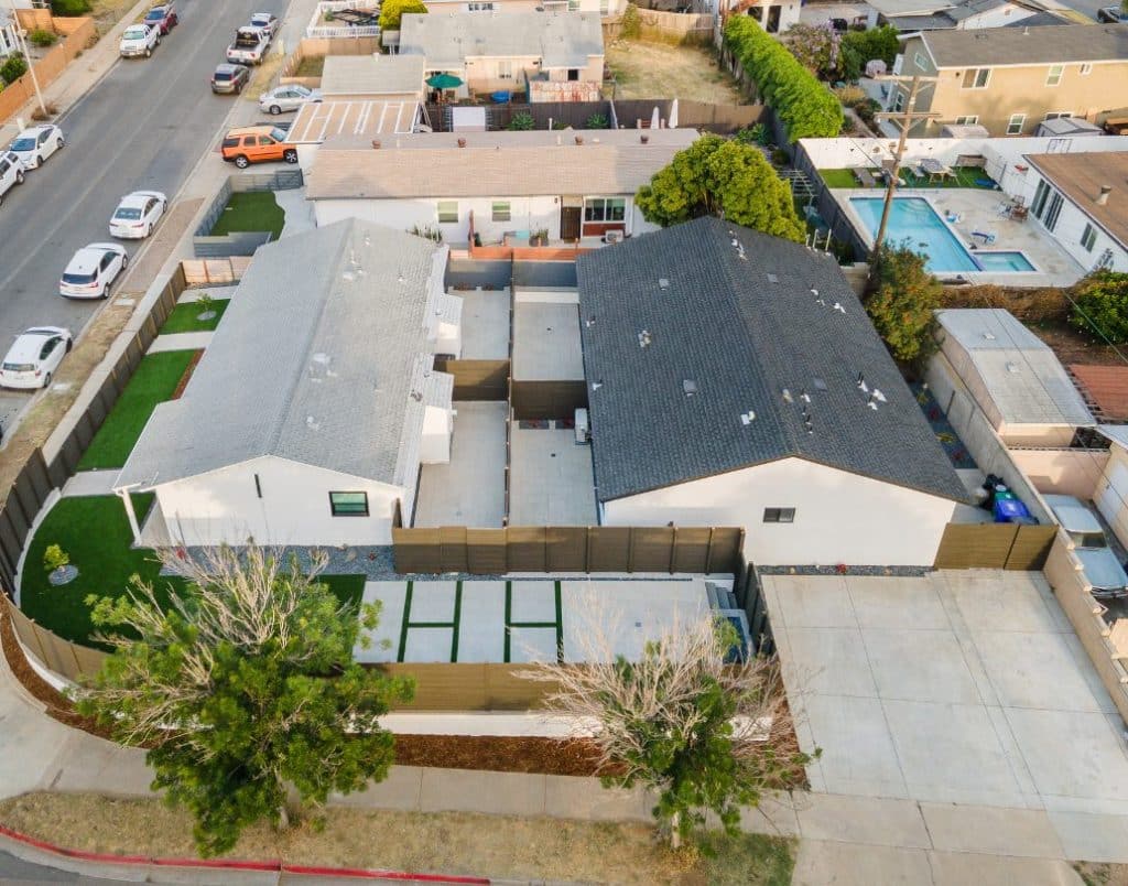 Aerial view of two well-designed ADUs showcasing increased property value through thoughtful design.