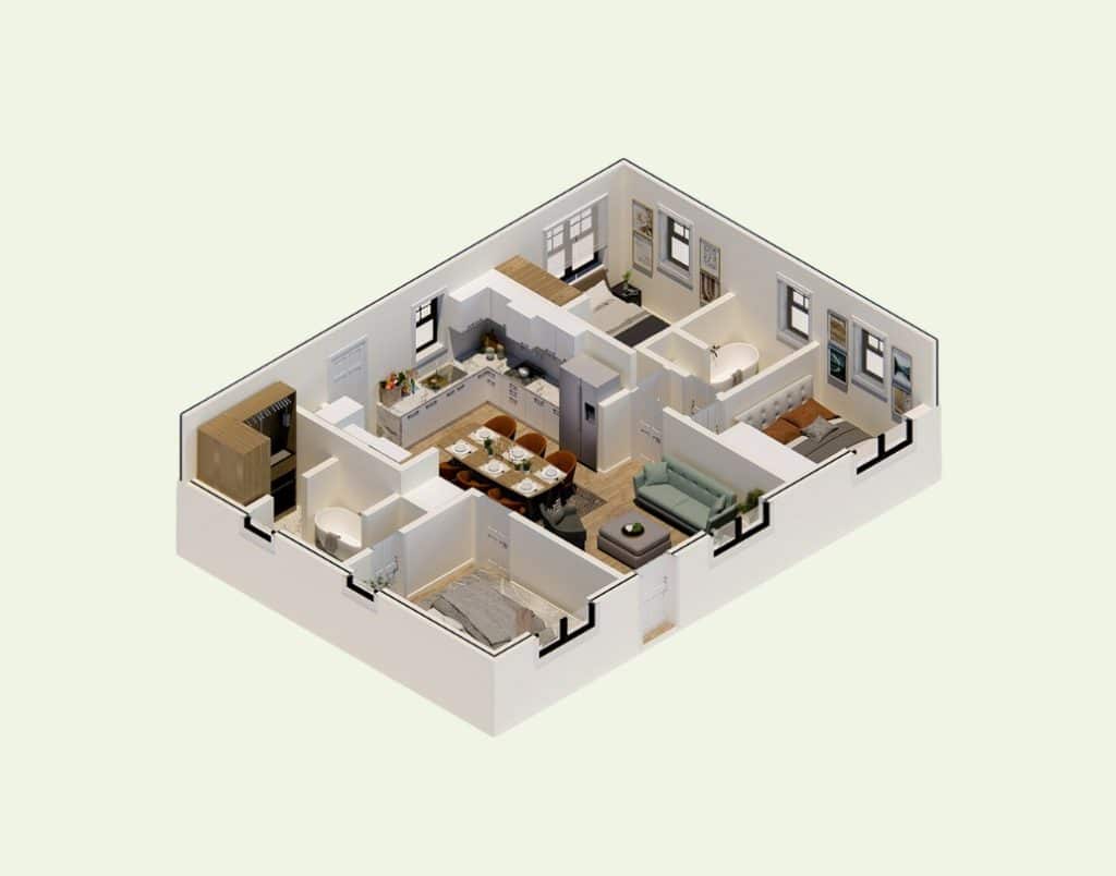 3D rendering of a two-bedroom, two-bathroom ADU with an airy, open layout for seamless living.