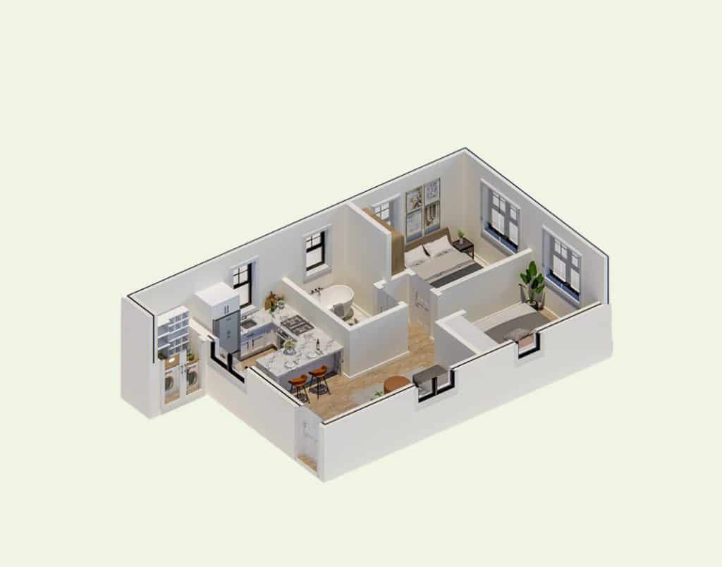 3D floor plan of a two-bedroom ADU with a thoughtfully designed lengthened layout.