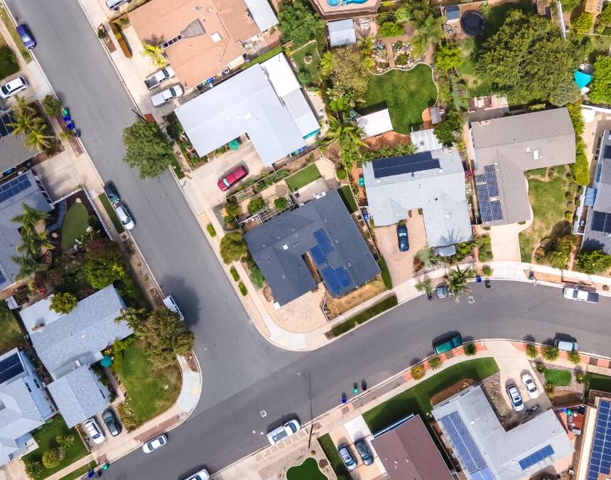 Is There an ADU Permit Fee Waiver in San Diego – aerial photo of residential neighborhood.
