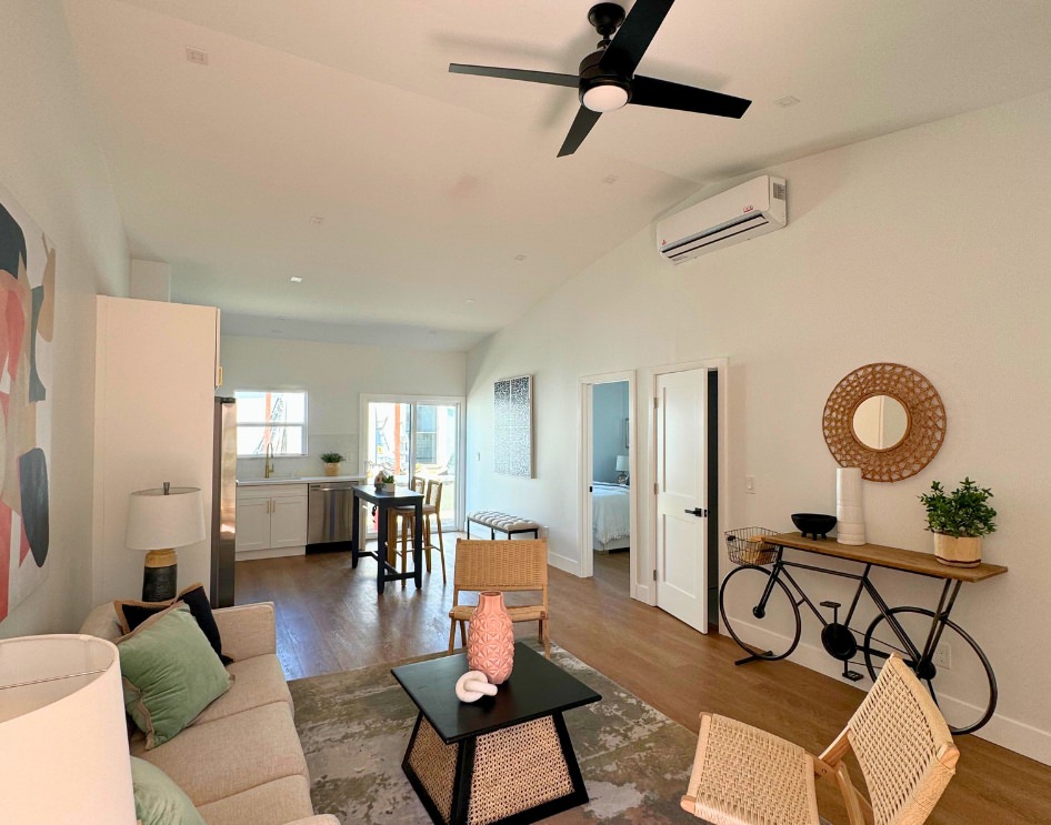 Interior of a completed custom ADU featuring a cozy open floor plan with stylish furniture and natural lighting.