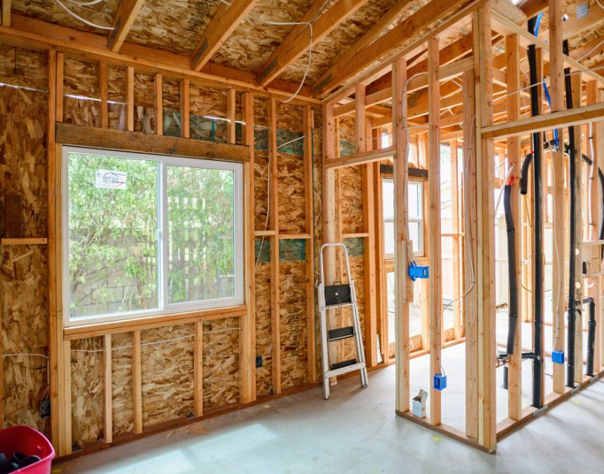 Title 24 insulation standards - interior framing of an ADU showing insulation placement.