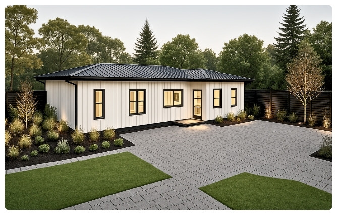 3D exterior rendering of Cottonwood 1000 sq ft ADU – modern 2 bedroom, 2 bath detached unit with black metal roofing and contemporary landscaping.