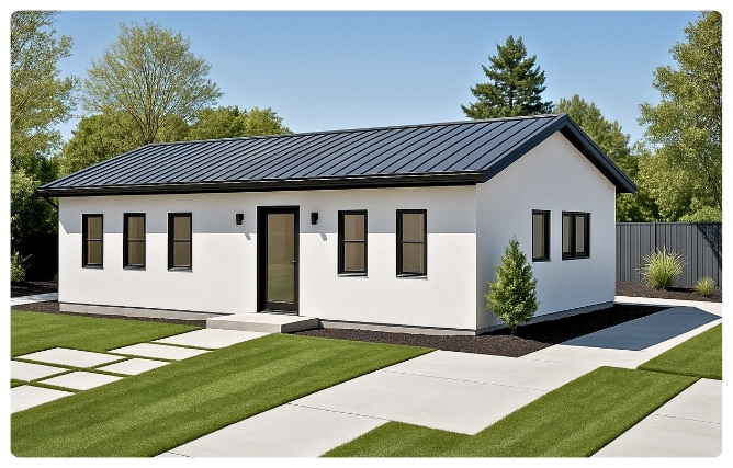 3D rendering of a 1000 sq ft ADU with split-bedroom design – 3D - Mangrove - 1000 SQ FT, 2 Bedroom, 2 Bath – visualizing modern 2 bedroom 2 bath ADU plans.