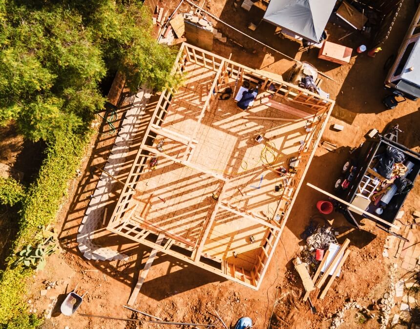 Aerial view of ADU framing during early construction - featured in the "ADU Insurance Costs and Savings Tips."