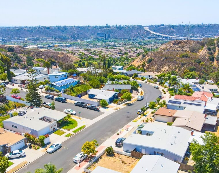Aerial view of residential neighborhood highlighting homes ideal for ADU development in Mission Valley