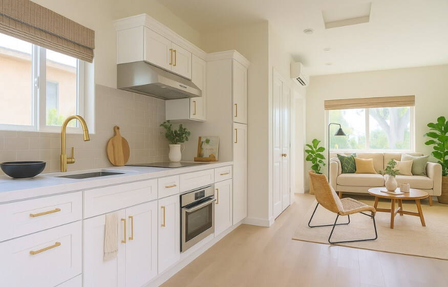 Modern kitchen and cozy living area inside a 700 square foot ADU.