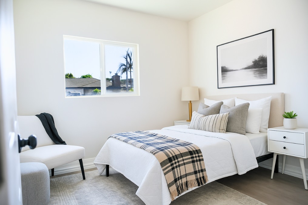 Bright, cozy bedroom with neutral coastal decor in garage conversion ADU.