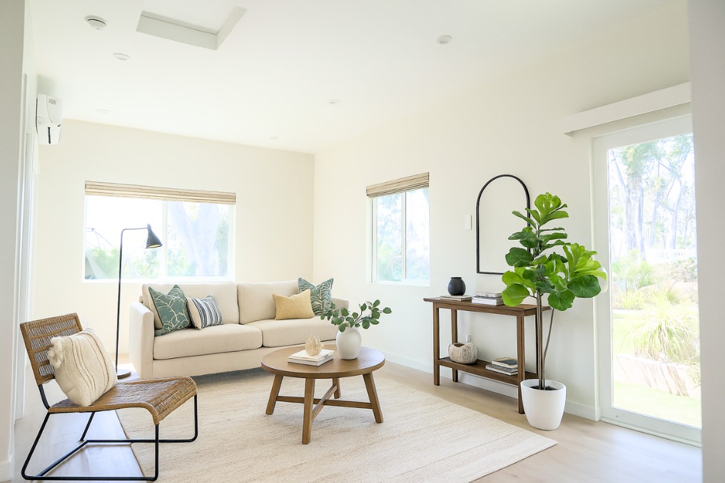 Inviting ADU living room with neutral décor, natural light, plants, and modern furniture.